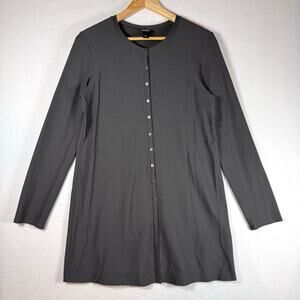 Eileen Fisher Charcoal Gray Shirt Dress Button Front Liquid Knit Long Sleeve M